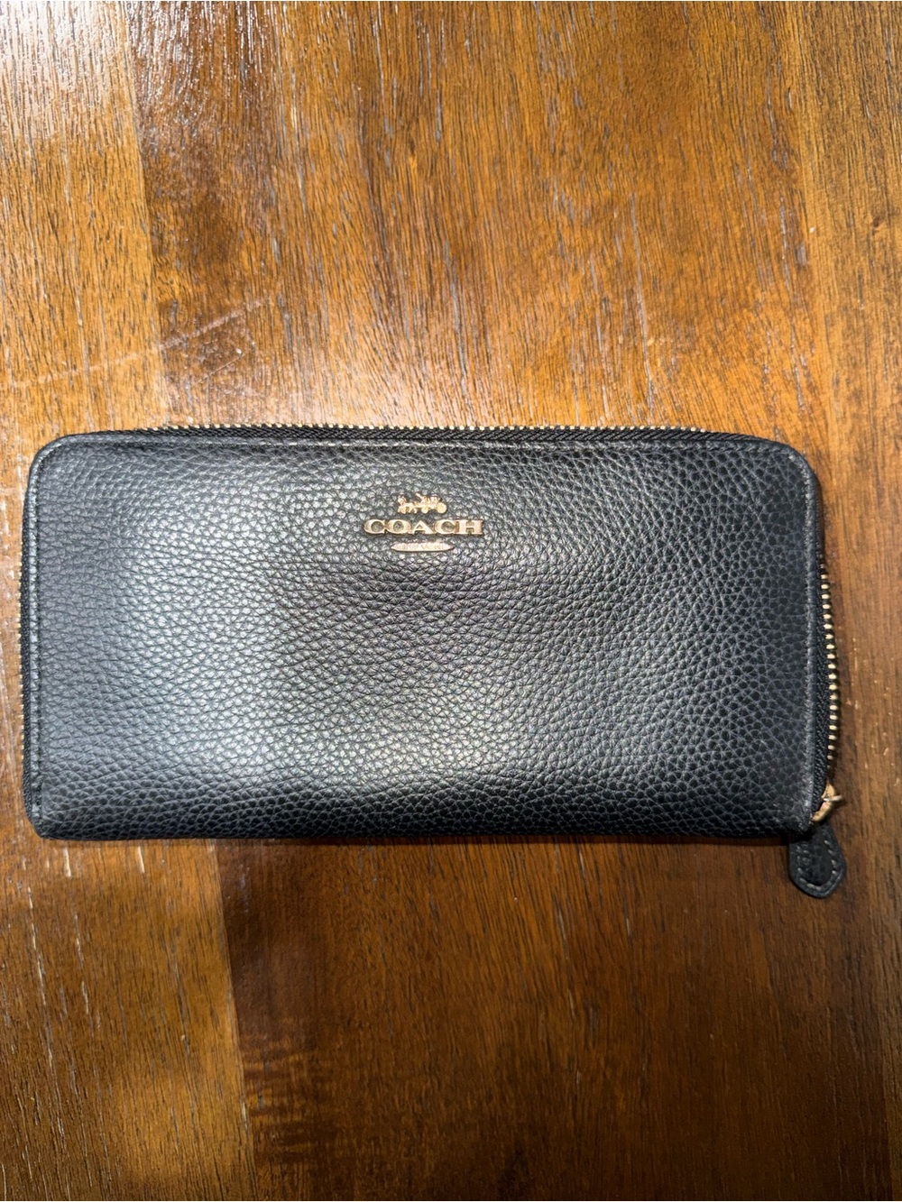 Coach Black Pebbled Leather Zip Wallet with Gold Logo